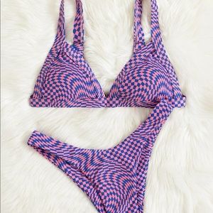 purple and pink abstract pattern bikini